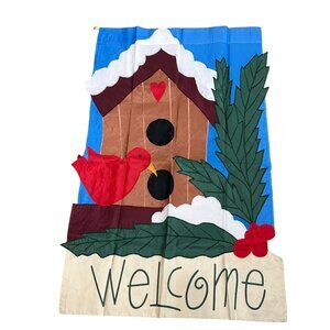 Vintage Toland Welcome Yard Flag Birdhouse Bird Snow Outdoor 28" X 44"